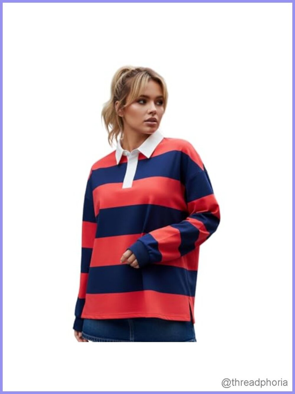 Women Striped Rugby Shirt Color Block Polo Long Sleeve Sweatshirt